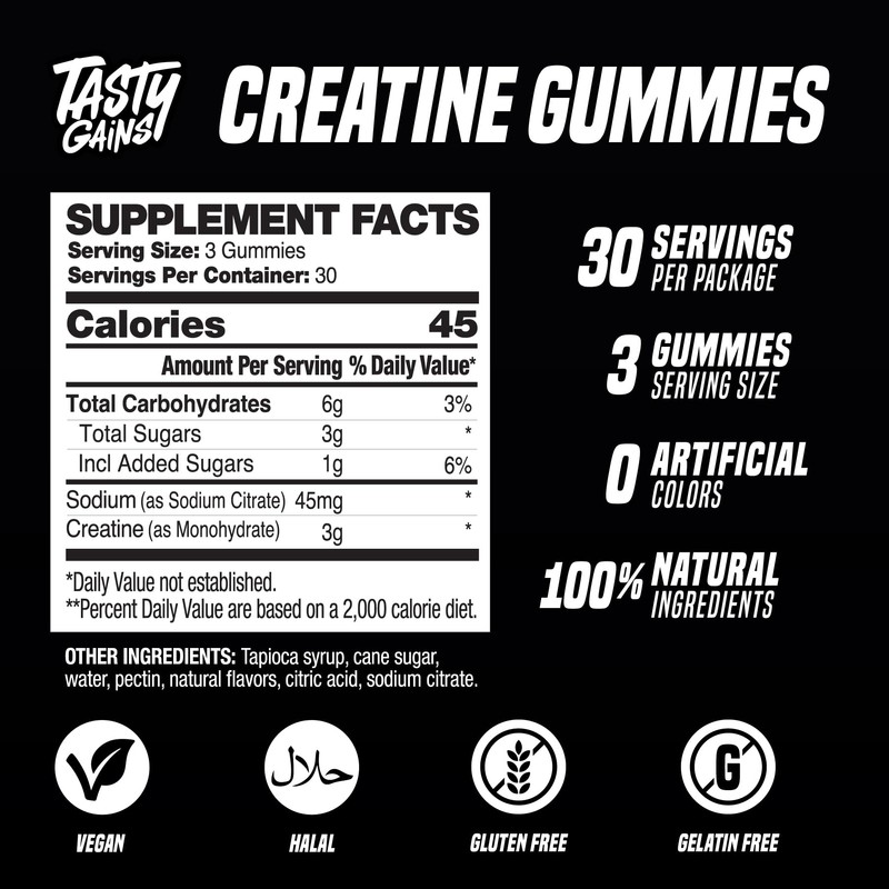 TASTY GAINS Creatine Infused Gummies, 90g of Creatine, Non-GMO, Vegan