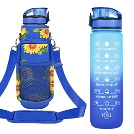 32 oz Water Bottles with Straw & Strap, Motivational Water Bottles with Times to Drink, BPA Free Reusable Sports Water Bottle with Sleeve Carrier for Hiking, Travel, Running or Fitness (Sunflowers)