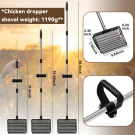 DRHWEFSQ 2 in 1 Chicken Poop Scooper Rake , 2 Rakes and 4 Sections Adjustable Stainless Steel Handle 37.4 - 68.9 Inch, Litter Scoop Chicken Coop Scoop for Animal Farm and Poultry Habitats with Gloves