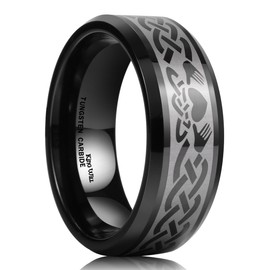 King Will Classic Men's 8mm Black Tungsten Carbide Ring Laser Irish Claddagh Engagement Polish Wedding Band 8