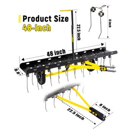 BlumeTrec Tow Behind Dethatcher, Pull Behind Lawn Dethatcher with Spring Steel Tines, Grass Dethatcher, Removes Thatch, Riding Lawn Tractor for Large Lawns, Yard and Garden Care, 48 Inch
