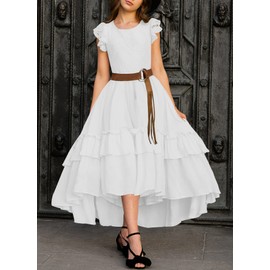 HOSIKA Girls Lace Boho Flower Girl Dress Ruffle Sleeve A-Line Formal Dresses for Wedding Party 6-12 Years White L