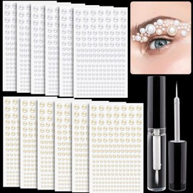 2364 Pcs of Pearl Stickers 3/4/5/6/8mm White+Beige Pearls Self Adhesive Face Gems, Stick on Body Crystal Beads with Quick Dry Makeup Glue for Face Eye Hair Nails Make up and Craft DIY Decorations