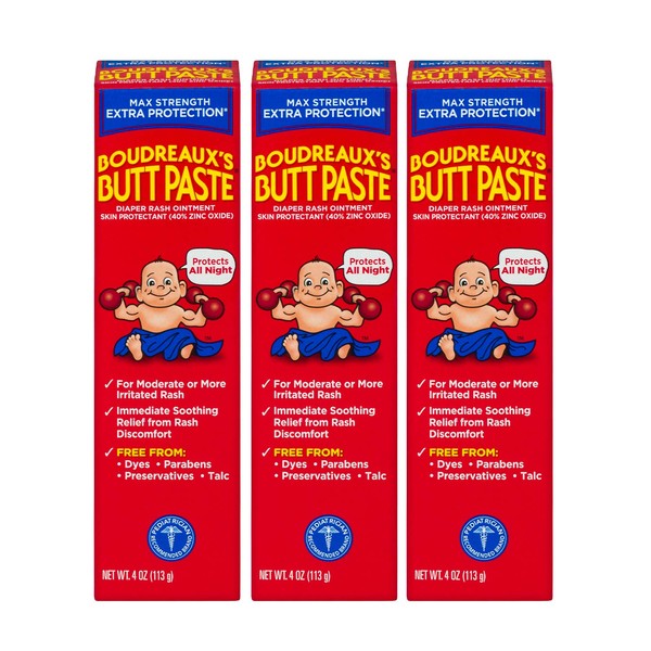 Boudreaux's Butt Paste Maximum Strength Diaper Rash Ointment, 4 Ounce , 3 Count (Pack of 1)