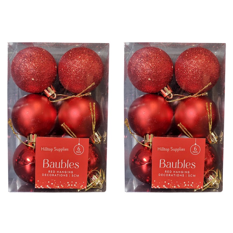 Assorted Red Baubles 12 Pack | 5cm Diameter | Christmas