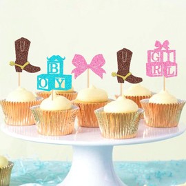 Keaziu 24 Pack Boy or Girl Cupcake Toppers Boy Girl Boot Bow Knot Gender Reveal Cupcake Toppers Pink or Blue Cupcake Picks for Baby Shower Boys Girls Birthday Party Decorations