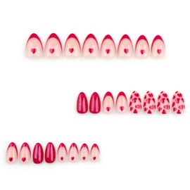 24Pcs Valentines Press on Nails Red Love Heart Acrylic Fake Nail Glossy Rose Red French Tips Short Almond False Nails Love Heart Stick on Nails Romantic Gift Gel Glue on Nails for Coquette Women Girls