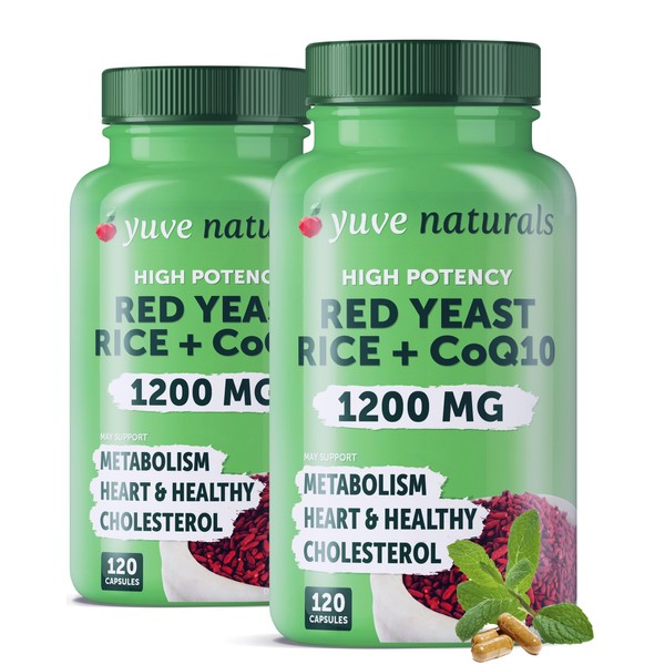 Red Yeast Rice 1200 mg Capsules with CoQ10 - Maintain Healthy Cholesterol Levels, Herbal Heart Health Vegan Red Yeast Rice Supplement - Red Rice Yeast with CoQ10 for Women & Men - 120 Ct (2-Pack)