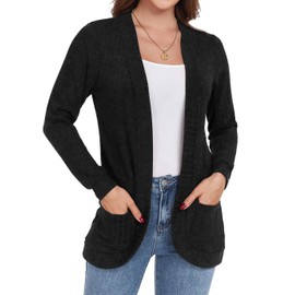 GRECERELLE Women's Black Long Sleeve Open Front Cardigan Casual Ribbed Knit Sweater Outerwear with Pockets, Small