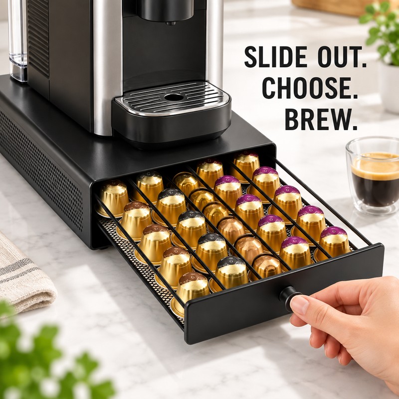40-Pod Coffee Capsule Storage Drawer for Nespresso OriginalLine, Metal Countertop