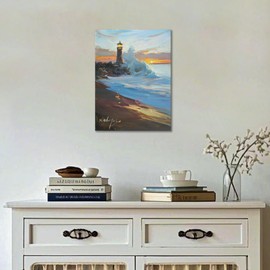 JZLDZS Coastal Lighthouse Canvas Wall Art, Dark Nautical Bathroom Decor Framed 12x16 Inch Impressionist Beach Seascape Painting Print for Bedroom Living Room