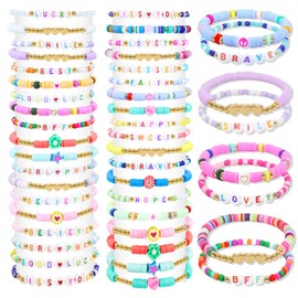 yesaior 60 pcs Colorful Friendship Bracelet, Stackable Elastic Cute Beaded Bracelets Preppy Bracelets Bulk Set for Women Gift (Friendship)