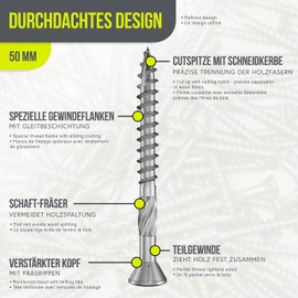 INNONEXXT® Premium Stainless Steel decking Screws C1 incl. bit | 5.0 x 50 mm 200 Pieces TX25 | Milling Ribs, Cut tip | Wood Screws, Screws for Wood, Stainless Steel Screws | Made in Germany