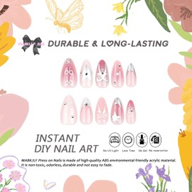 Press on Nails Medium Almond MABKJLF French Tip Fake Nails Full Cover Y2K Press on Nails Sliver Bow Star False Nails with Designs Glossy Glue on Nails Manicure Artificial Nails for Women Girls 24Pcs