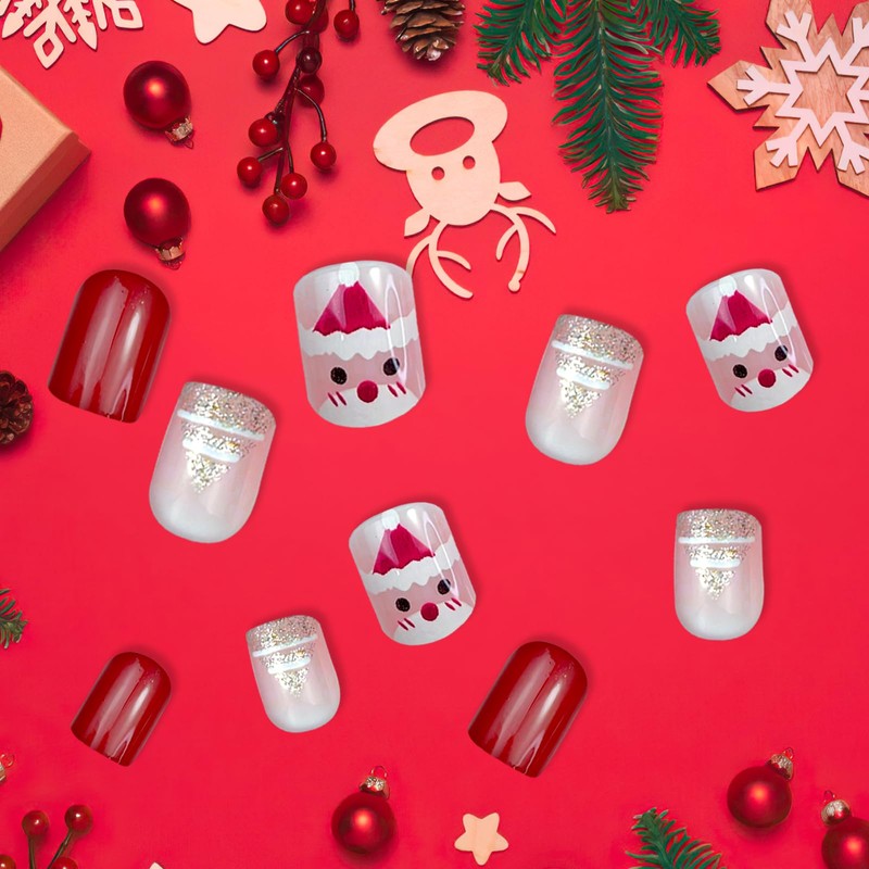 Christmas False Nails, 24 Pieces Christmas Red False Nails Set,