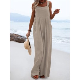 utcoco Women's Casual Baggy Sleeveless Bib Overall Adjustable Strap Wide Leg Jumpsuit Overalls with Pockets (Large, Khaki)