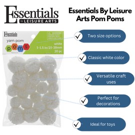 Essentials by Leisure Arts Yarn Pom Poms - White - 1" to 1.5" - 20 Piece pom poms Arts and Crafts - Gray Pompoms for Crafts - Craft pom poms - Puff Balls for Crafts