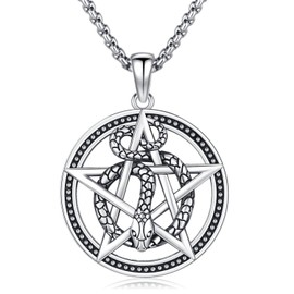Aniu Sterling Silver Pentagram Necklace Snake Winding The Seal of Star Wiccan Punk Pendant for Men Women Jewelry Gift