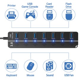 QT-ZEBTISR 7-Port USB Hubs 3.0,Multiple Ports Expansion, Individual On/Off Switch LED Indicator,Portable Hubs for Laptop and Desktop Computers