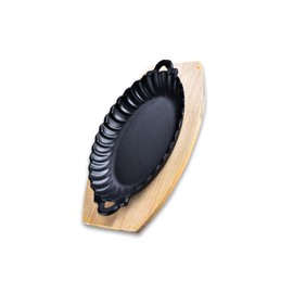 WJTZLBNSUY Cast Iron Steak Plate and Bamboo Tray,Barbecue tray,Baking pan,Kitchen cast iron dish (Two ears waist shape, 25cm*16cm)