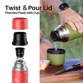 SANTECO Thermos Flask, Stainless Steel, 1 L, 500 ml, Leak-Proof Insulated Bottle with Drinking Cup for Travel, Coffee & Tea for Children, Sports, BPA-Free, 24 Hours Cold & 12 Hours Hot