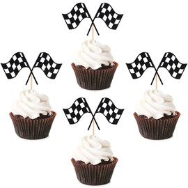 UXYOKM 24Pcs Checkered Racing Flag Cupcake Toppers Black Glitter Racing Car Checkered Flag Cupcake Picks for Race Car Flags Theme Baby Shower Birthday Party Decorations Supplies