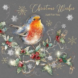 Cherry Orchard Open Christmas Card, Christmas Wishes Just for you. Beautiful little Robin Design, finished with gold foil, comes with Gold Envelope