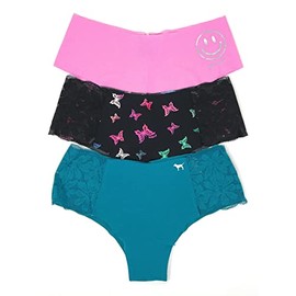 Victoria's Secret PINK Cheekster Panty Set of 3 Small No Show Pink Smiley/Black Rainbow Butterfly Lace/Sea Lace