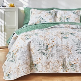 Joyreap 3 Pieces Microfiber Quilt Set, Botanical Green Leaves on White Reversible Design, Bedspread Bed Cover for All Season, 1 Quilt and 2 Pillow Shams (King, 102x90 inches)
