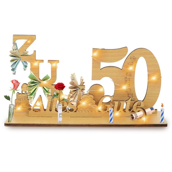 Gifts for 50th Birthday Woman Man Money Gifts Birthday 50th Happy with LED Fairy Lights Stand, Wooden 50th Birthday Decoration, Cool Gift Ideas for 50th Birthday Table Decoration