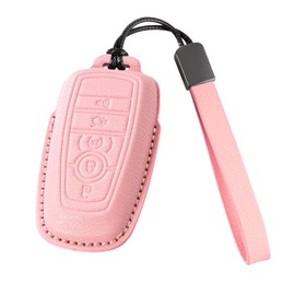Leather Key Fob Cover with Keychain for Ford Explorer Fusion Ranger Bronco Escape Edge Expedition Mustang F150, Pink, Normal