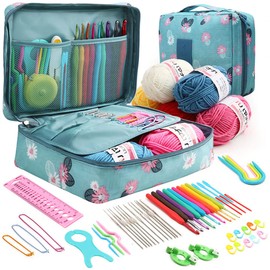 59 Pcs Crochet Hooks Kit Knitting Starter Kit for Adults Ergonomic Crochet Soft Grip Handle Crochet Tools DIY Weave Yarn Kits with Carry Bag for Beginners Adults Gifts (Blue)