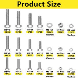 260 Pieces M5 M6 M8 Screws Set, Hex Screws Nuts Set with Spring Washers & Washers Sets, 304 Stainless Steel Threaded Screw Sets, Hex Machine Screws Assortment