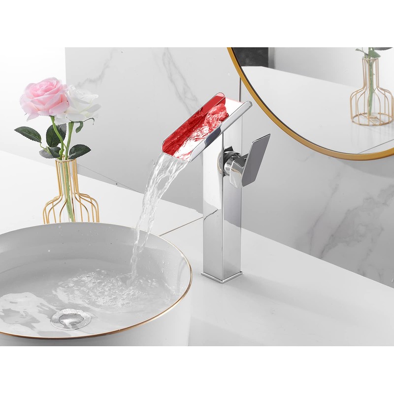 Chrome Bathroom Faucet LED 3 Color Changing Light Waterfall Vessel