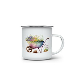 MAXIKIWI Langlebige Emaille-Kaffee- oder Tee-Camping-Tasse für drinnen und draußen, Frühlings-Schubkarre, Blumen-Aquarell, 350 ml