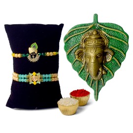 SATVIK Raksha Bandhan Rakhi for Brother Bhai with Metal Pan Patta Ganesh Decorative Wall Hanging Showpiece Lord Ganesha on Leaf Home Decor. Indian Housewarming Return Gift for Bulk. Figurine Pooja Decoration Item