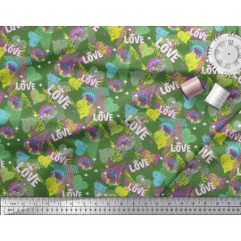 Soimoi Green Cotton Canvas Fabric Text,Lips & Heart Printed Craft Fabric BTY 42 Inch Wide