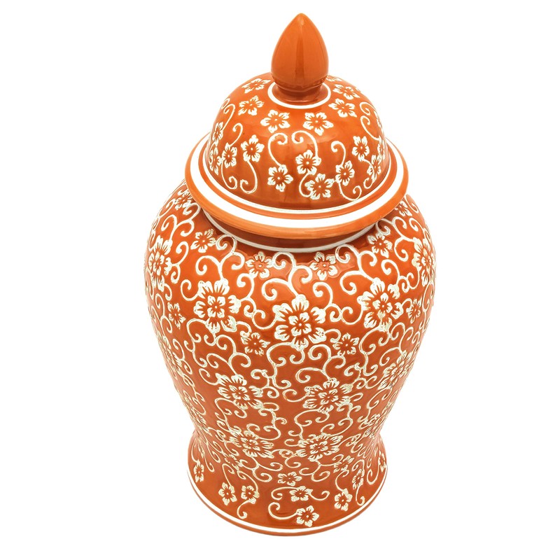 Red Lantern 18" White Flowers on Orange Temple Jar