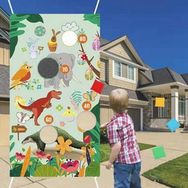 Kiwochy Dinosaurier Wurfspiel mit 4 Bohnentaschen Outdoor Spiele für Kinder Dinosaurier Geburtstag Deko Banner für Party Fotohintergrund Dekoration Waldtiere Thema Party Spiel Banner Fotoaccessoires