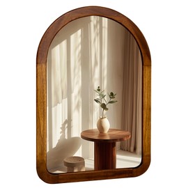 Arched Mirror 24 x 36 Inch,Brown Wood Rustic Bathroom Tempered Wall Mirror with Wood Frame,Round Corner Arch Farmhouse Wooden Vanity Mirror for Living Room,Entryway or Bedroom（Walnut Brown）