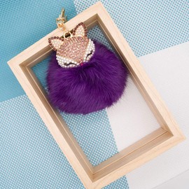 HOYUNLA Rabbit Fur Ball Pom Pom Keychain with Fox Head Studded with Synthetic Pearl Rhinestone for Womens Bag Car Key Chain Charm Pendant Decoration (purple)