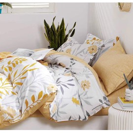 SLEEPBELLA Duvet Cover Queen Size, 600 Thread Count Cotton Grey Branches and Yellow Flower Reversible Comforter Cover(Queen, White Leaf)