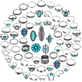 Huquary 84 Pcs Vintage Turquoise Rings for Women Bohemian Silver Oval Gemstone Western Boho Stackable Joint Knuckle Midi Stacking Rings Set for Women Girls Gifts