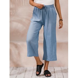 ECUPPER Womens Linen Cropped Pants Loose Casual Capri Cotton Wide Leg Plus Size Elastic Waist with Drawstring Trouses Light Blue 2XL