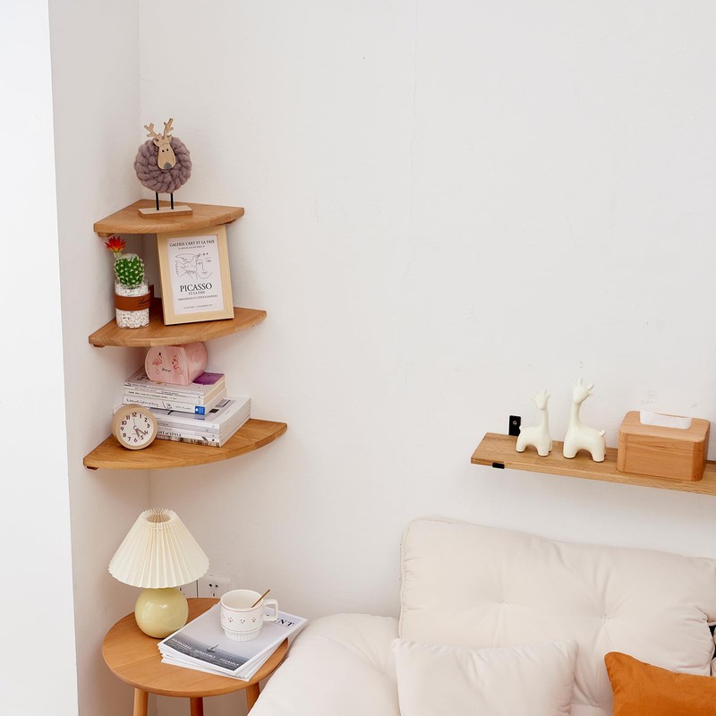 TREOAKWIS Corner Shelf - Solid Oak Wood Floating Corner Shelves