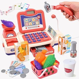 Caja Registradora Juguete para Niñas, Juegos de Imitacion de Supermercado con Comida de Juguete, Calculadora de Cajita Registradoras para Niños, con B