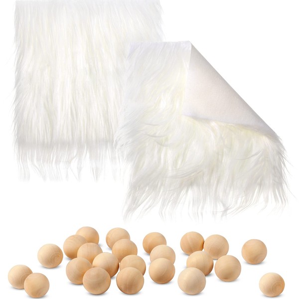 Faux Fur Squares and Wooden Balls Set Including 2 Pieces Fur Fabric Patches 20 Pieces Wooden Craft Balls DIY Handmade Craft Supplies for Gnomes Crafts Sewing Costume (White)