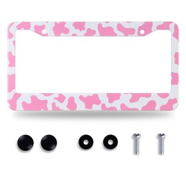Pink Cow Print License Plate Frame Cute Cows Animal Plate Holder Stainless Steel Rust-Proof Auto Parts Colorful License Plate Decoration with Screws Size 12.3" x 6.3" for Men Women Gifts