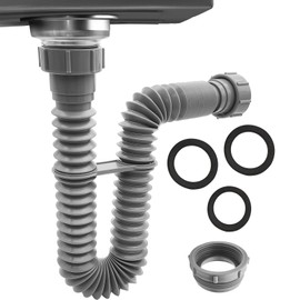 Flexible Sink Drain Pipe P Trap 1-1/2" (Grey), 1 1/4 to 1 1/2 Sink Drain Adapter Included, 1-1/4" P Trap, Adjustable Sink Trap Kit for Kitchen, Bathroom, Variable Height Shampoo Bowls, 1 Pack
