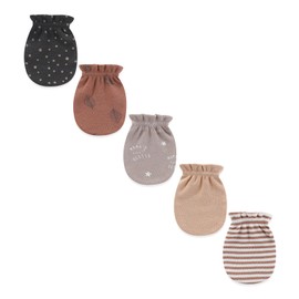 Ecojoy Newborn Baby 5 Hats and 5 Pairs Scratch-Resistant Mittens for Babies, Boys and Girls, Age 0-6 Months, 100% Cotton, Brown set.